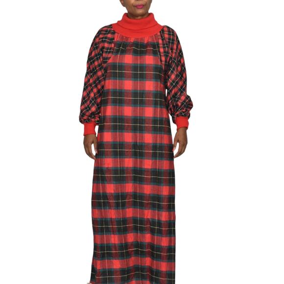 Vintage Plaid Flannel Nightgown Red Barad Tartan High Collar Pockets Long Large - Picture 1 of 16